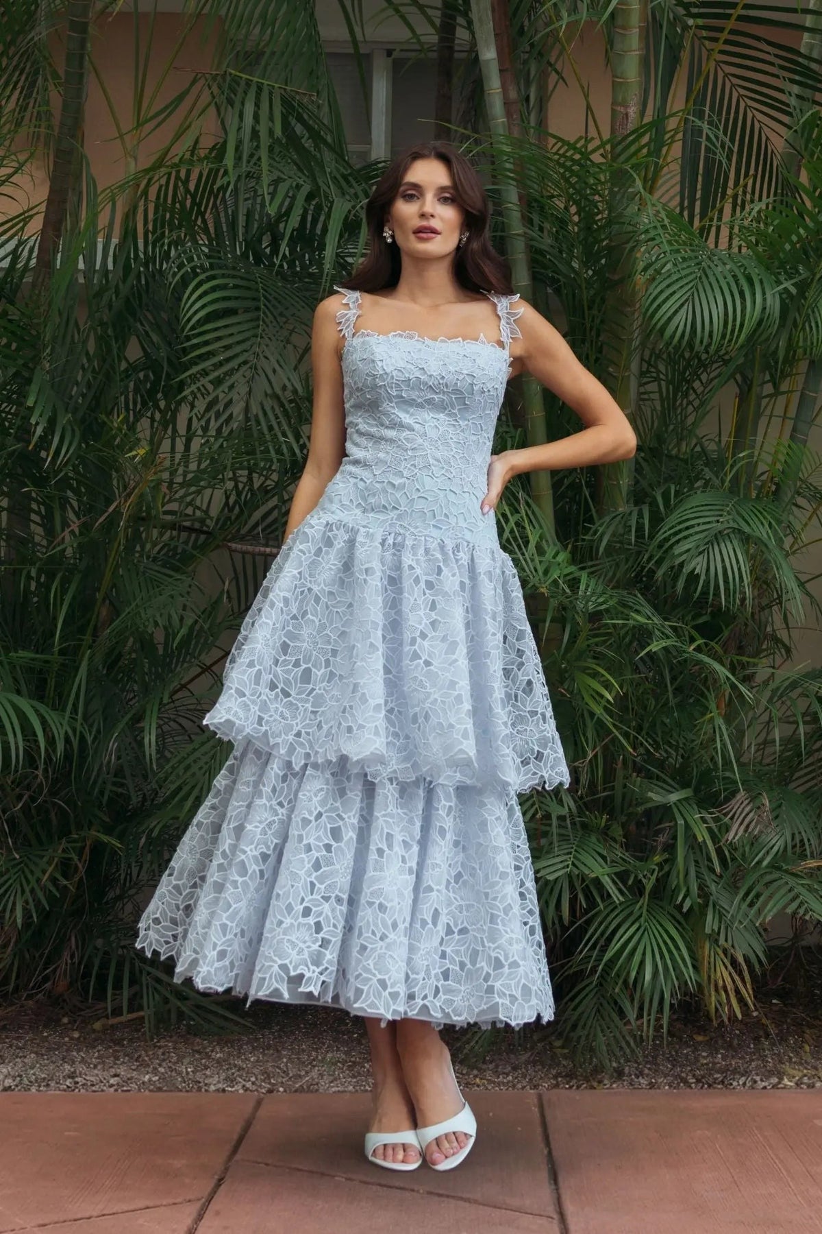 Powder Blue Sleeveless Embroidered Lace Tiered Midi Dress