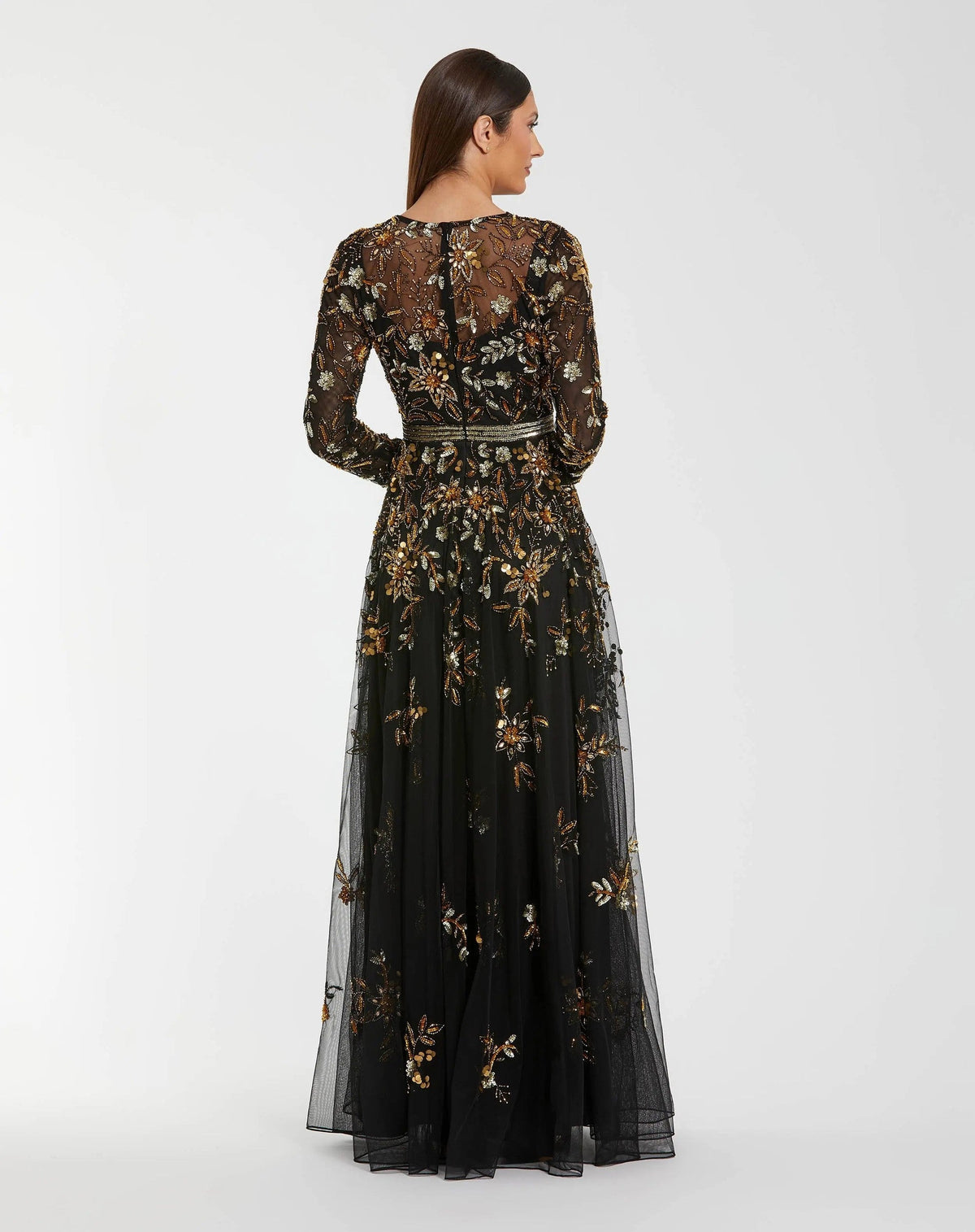 Black Hand Embellished Long Sleeve A Line Gown