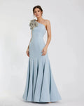 Powder Blue One Shoulder Trumpet Gown With Crystal Flower