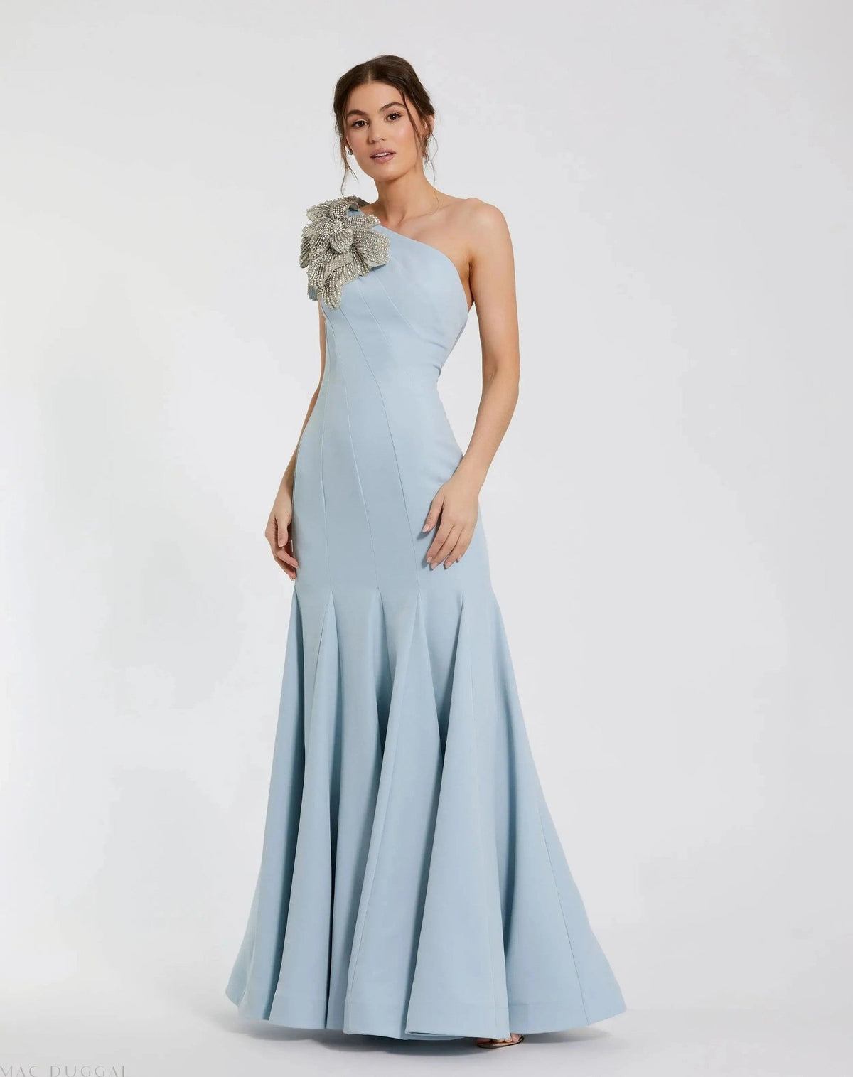 Powder Blue One Shoulder Trumpet Gown With Crystal Flower