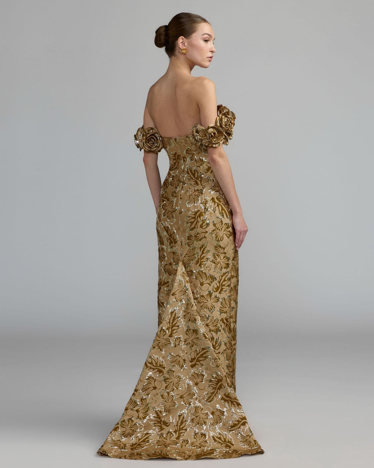 Bronze Multi Off The Shoulder Rosette Column Gown