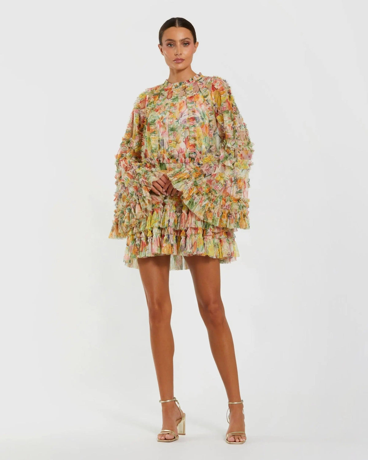 Ivory Multi Floral Print Ruffle Mesh Mini Dress