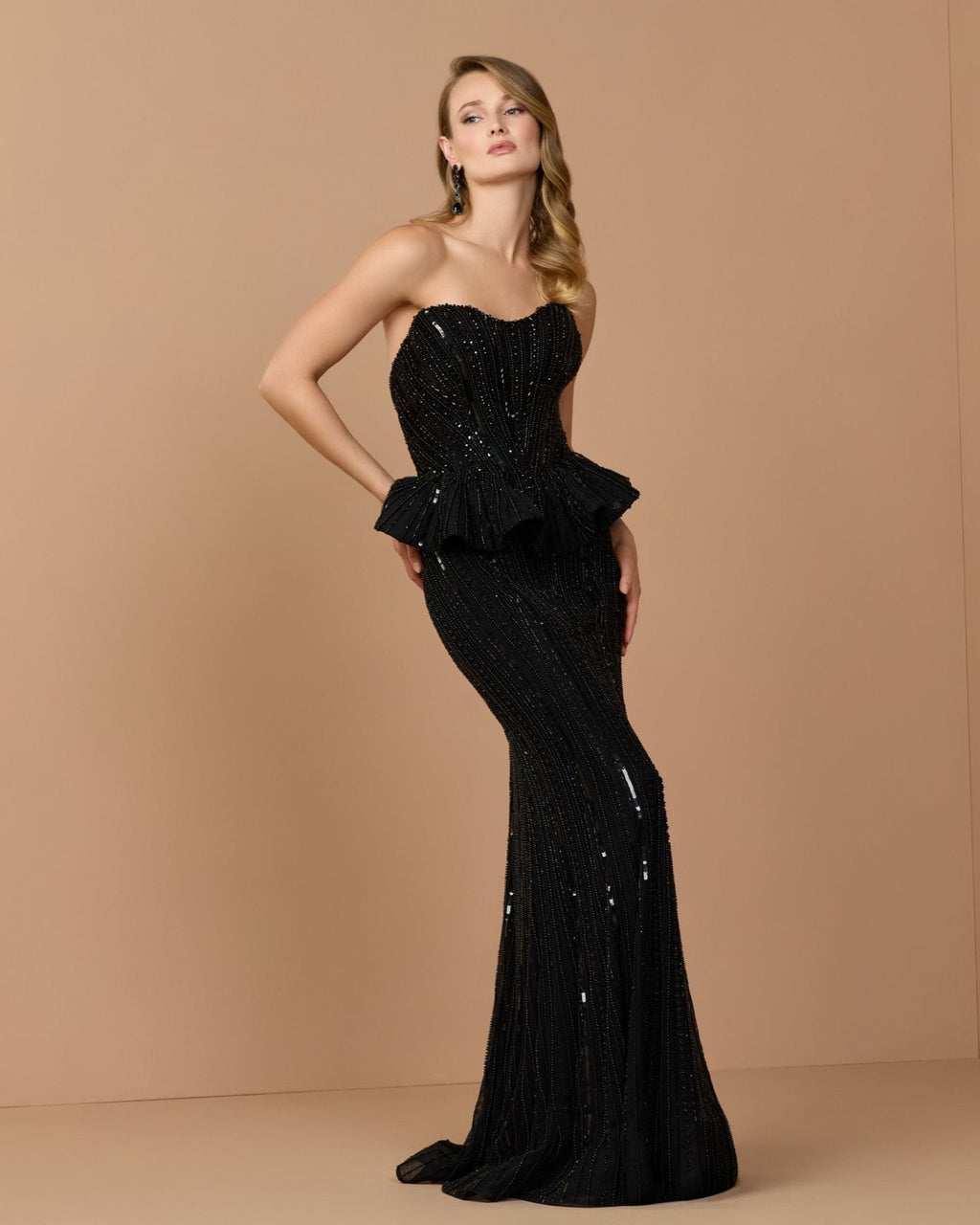 Black Strapless Embellished Peplum Gown