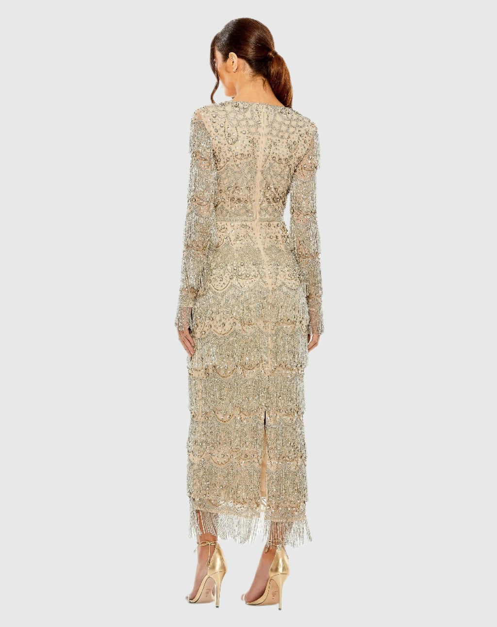 Beige V-Neck Long Sleeve Beaded Fringe Dress