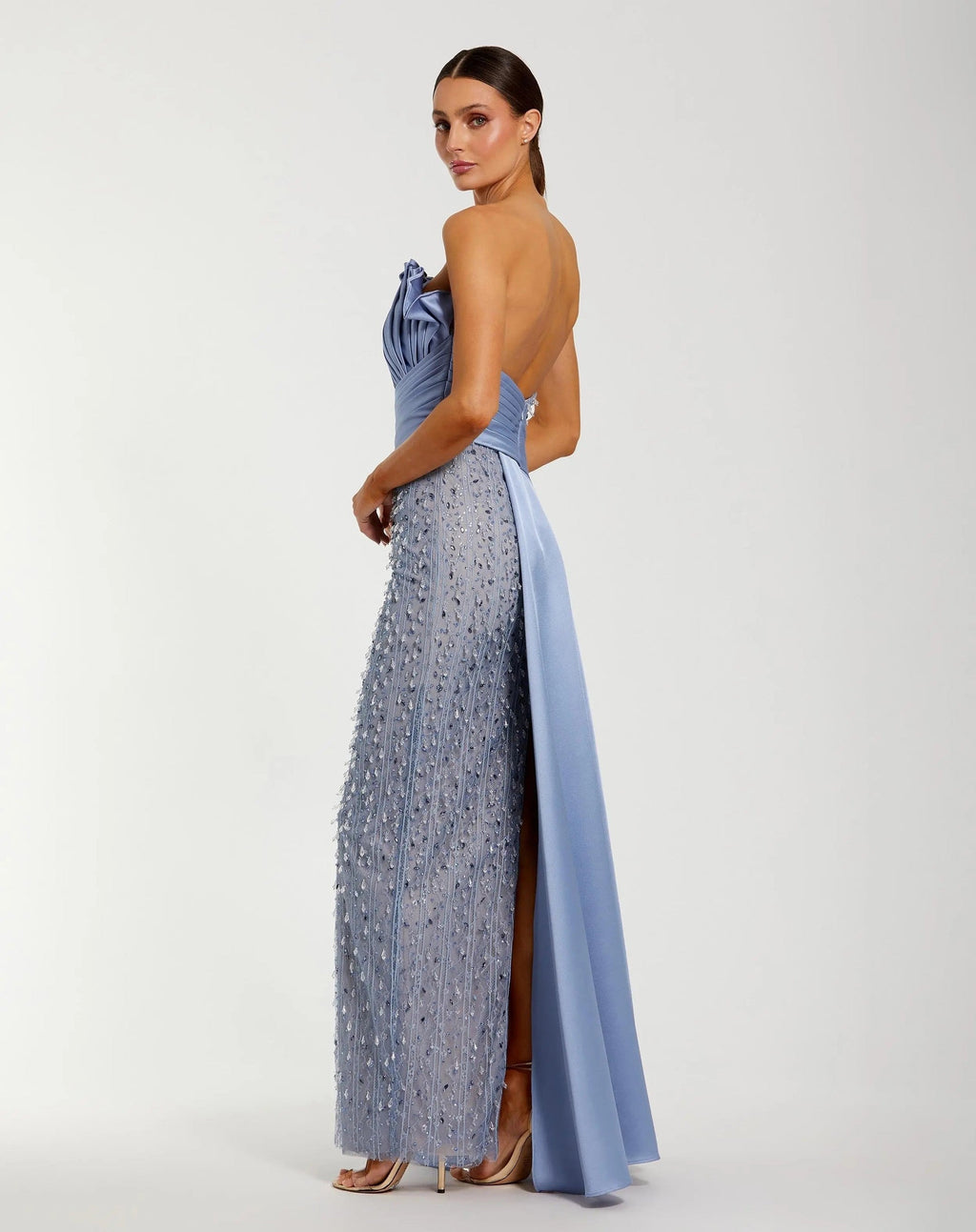 Fusion Blue Beaded Lace Column Gown with Satin Sash