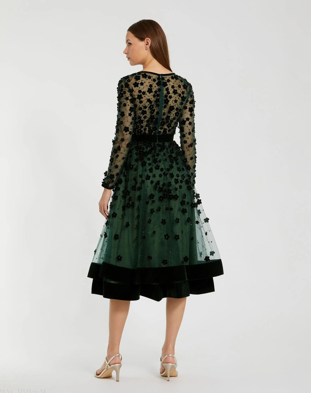 Green Embellished Long Sleeve Velvet Trim A-Line Midi Dress