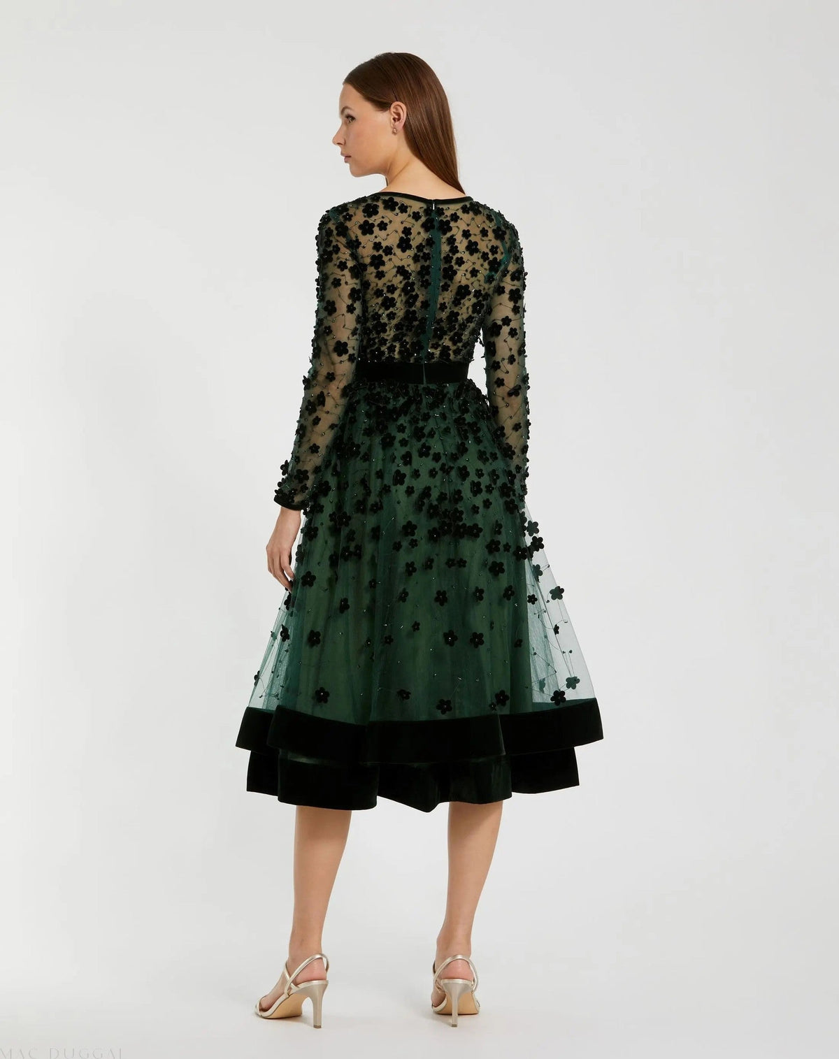 Green Embellished Long Sleeve Velvet Trim A-Line Midi Dress