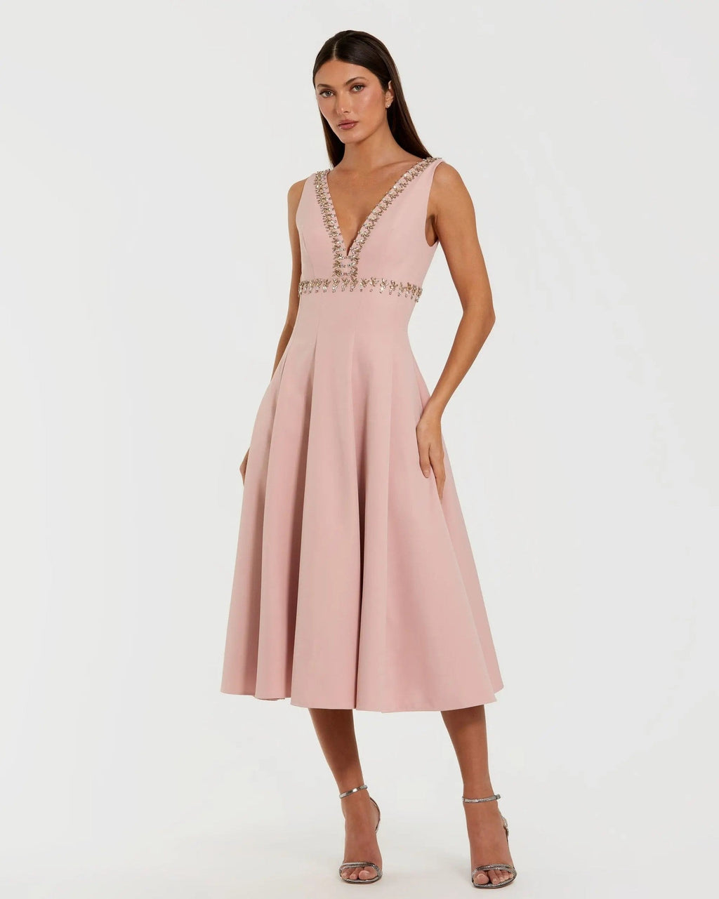Dusty Rose Rhinestone Embellished Crepe A-Line Midi Dress