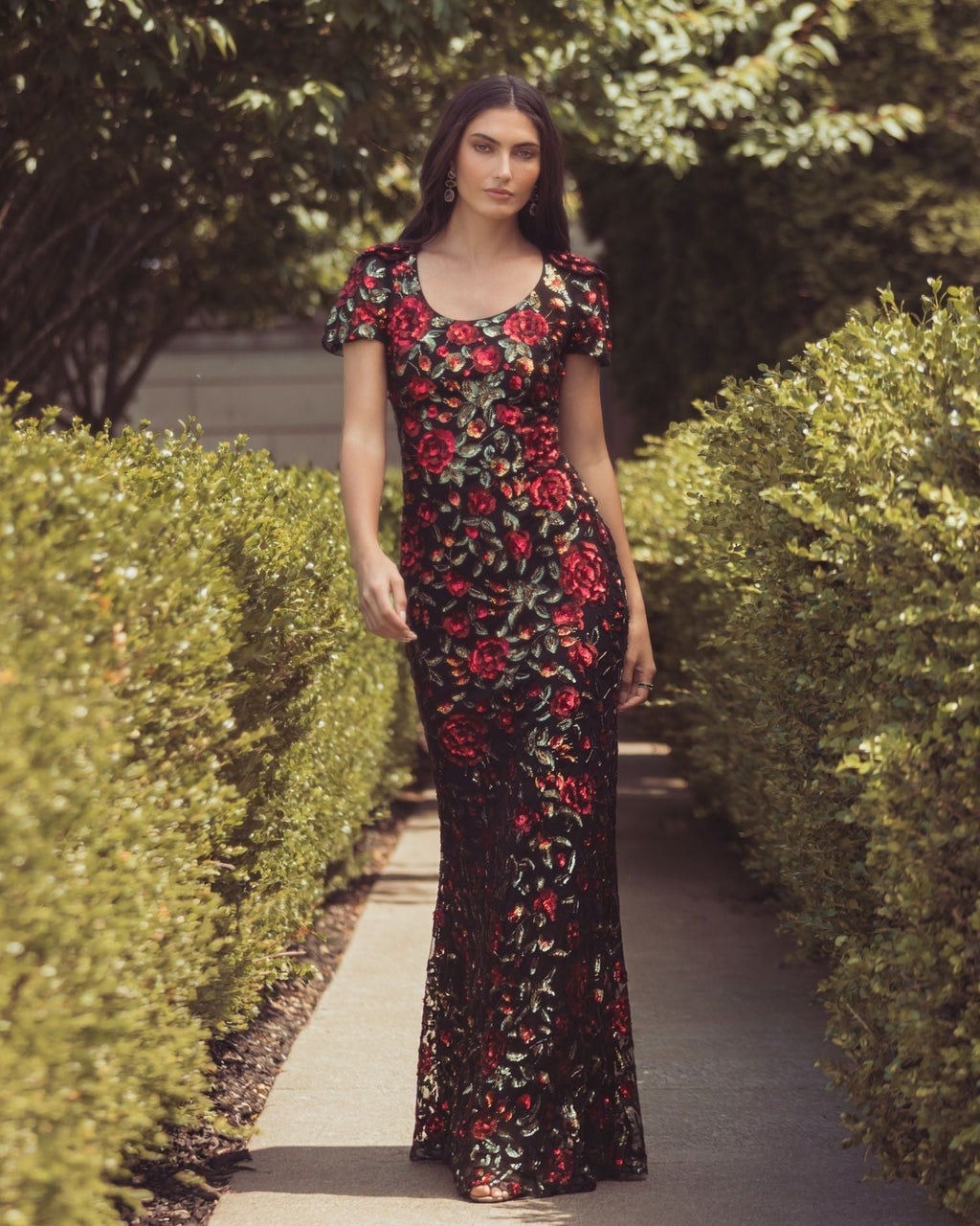 Black Multi Floral Sequin Scoop Neck Trumpet Gown