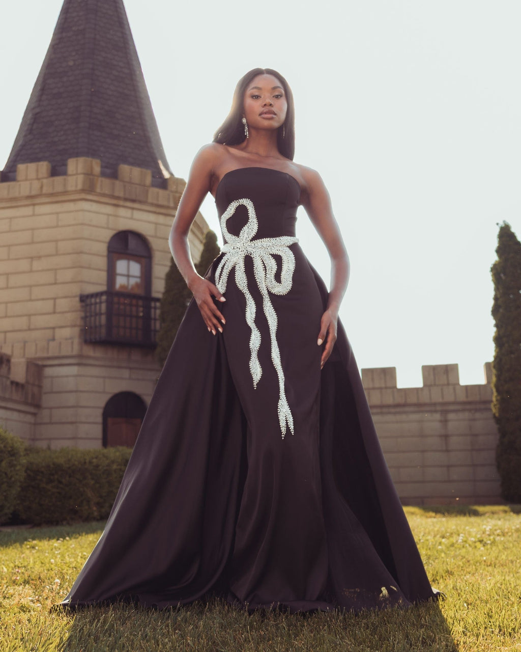 Black White Strapless Embellished Satin Gown with Overskirt