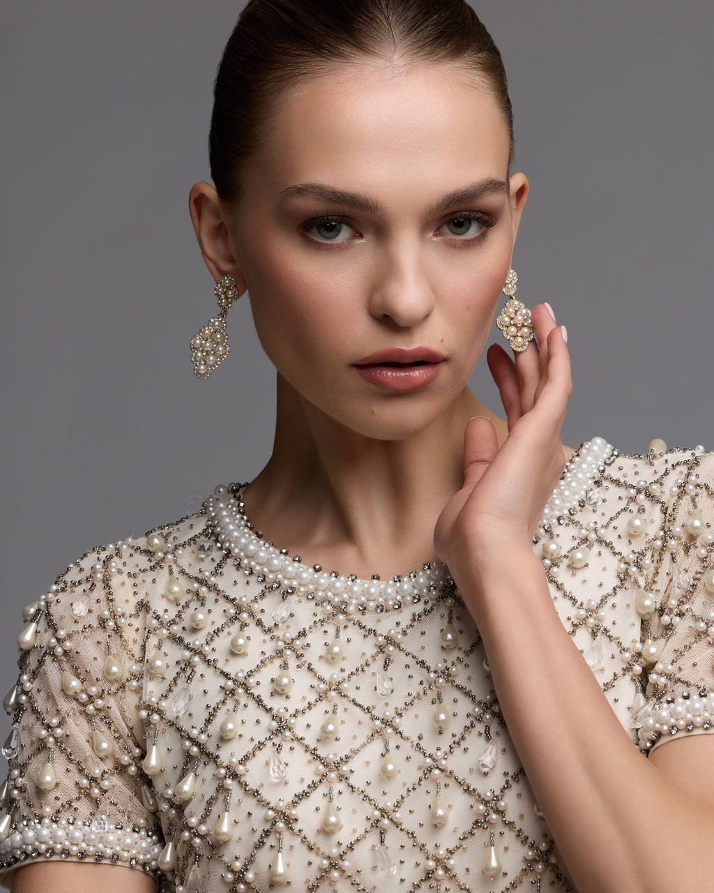 Oyster Short Sleeve Pearl Embellished Mini Dress