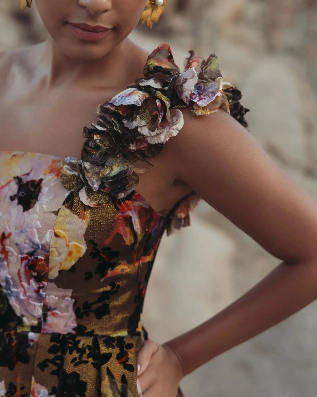 Black Multi Floral Velvet Ball Gown With Pockets