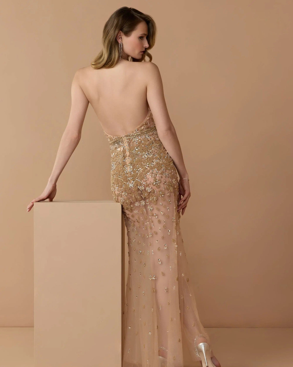 Nude Silver Hand Embellished Open Back Halter Gown