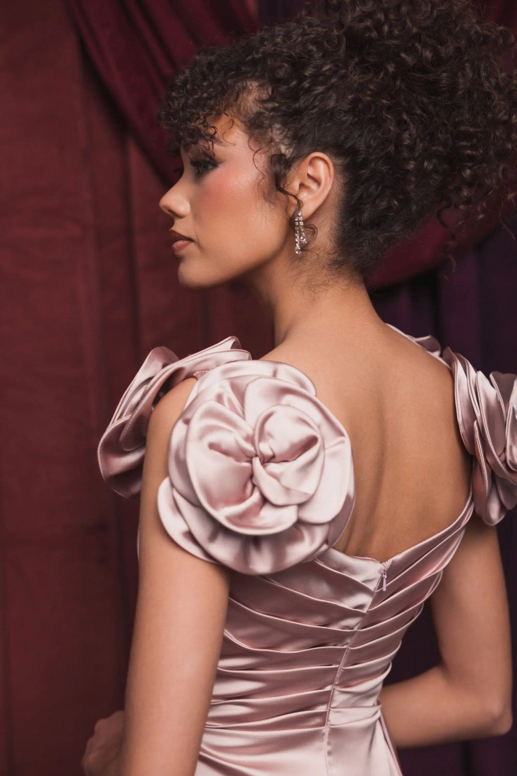 Pink Faux Wrap Satin Gown With 3D Flower Straps