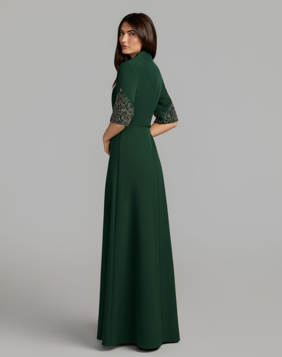 Deep Green Scoop Neck Beaded Sleeve Crepe Gown