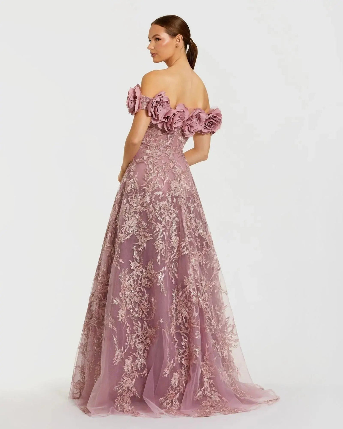 Mauve Off The Shoulder 3D Floral Embroidered A-Line Gown