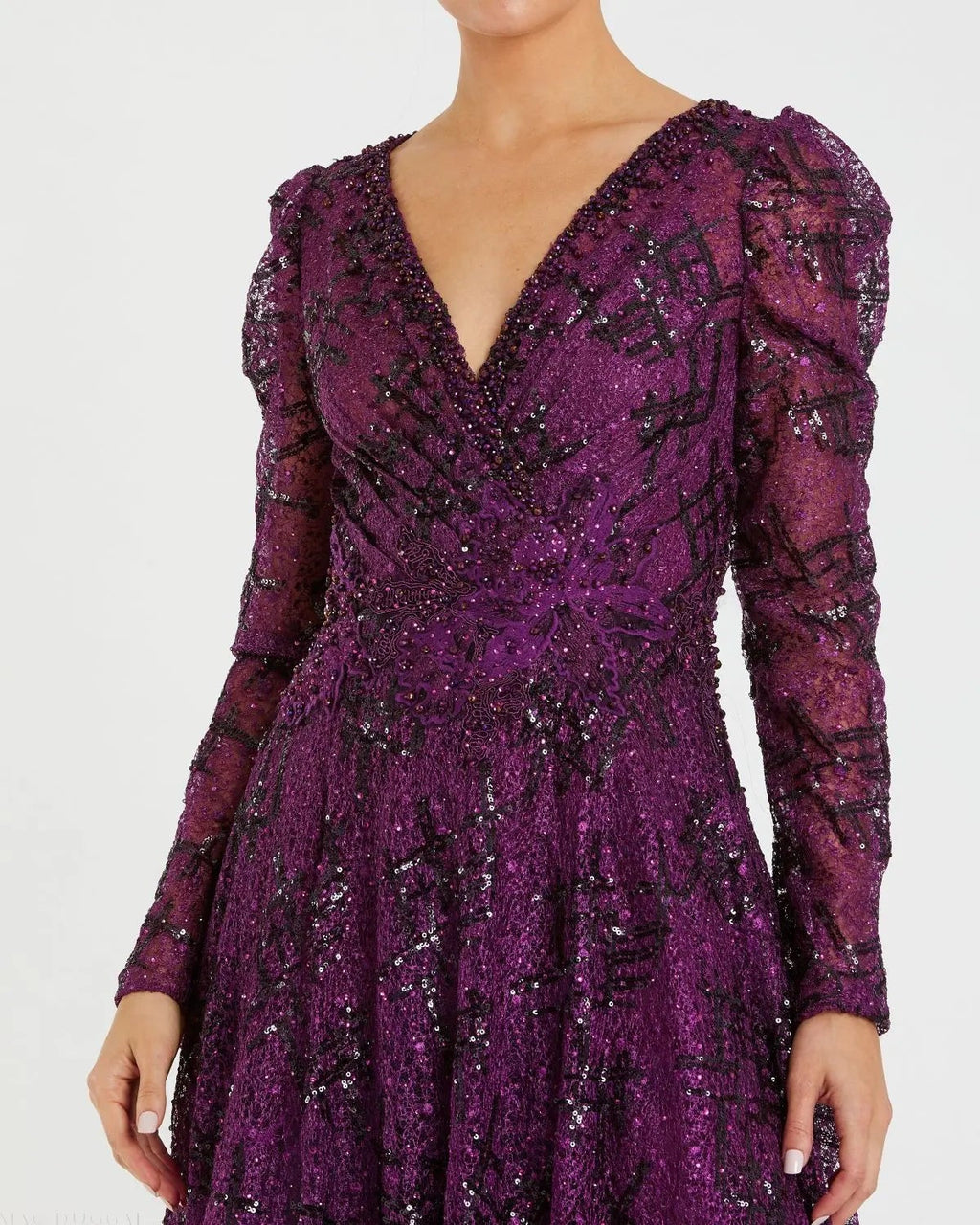 Dark Purple Embellished V Neck Long Sleeve A Line Gown