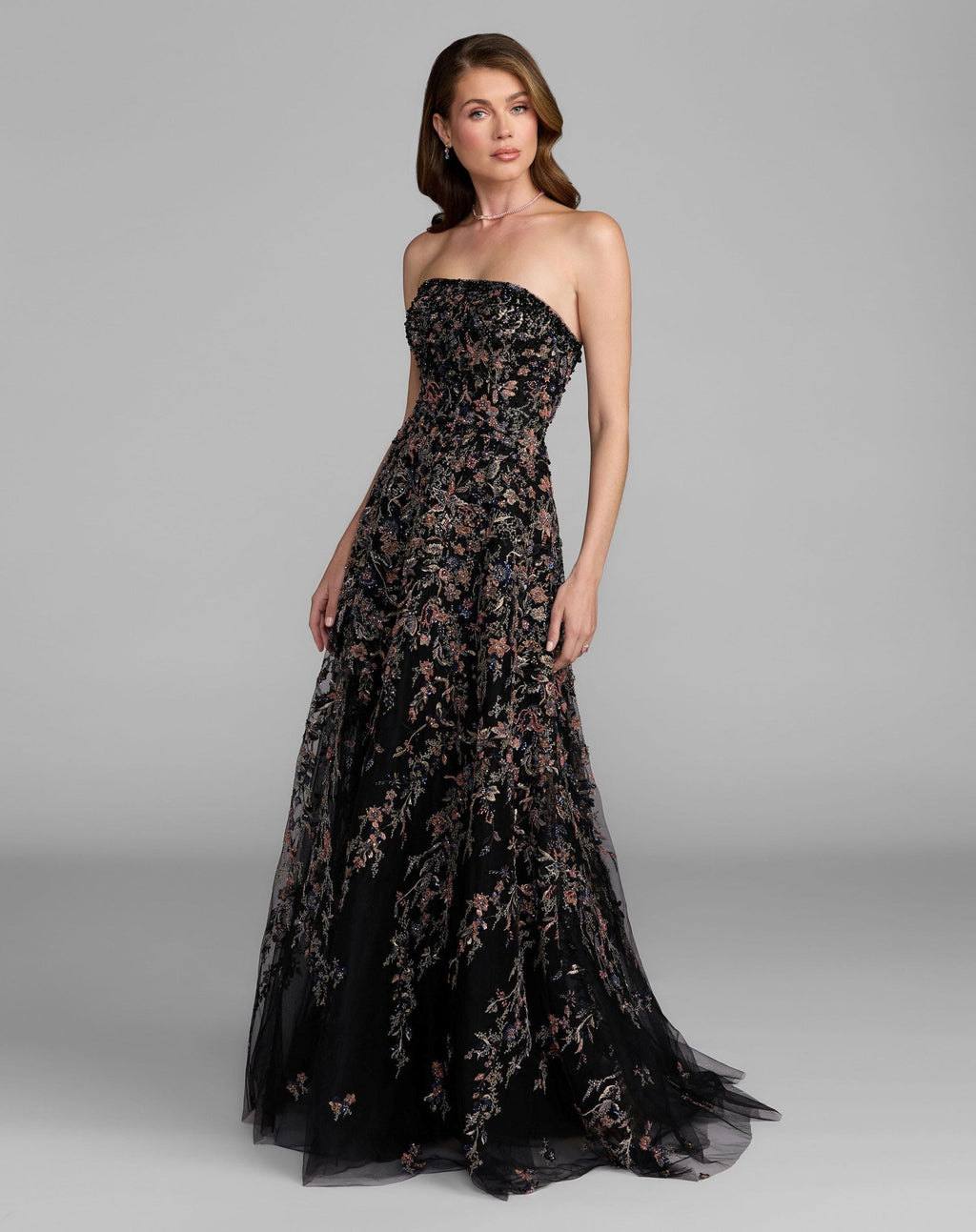 Black Multi Strapless Floral Embroidered A-Line Gown