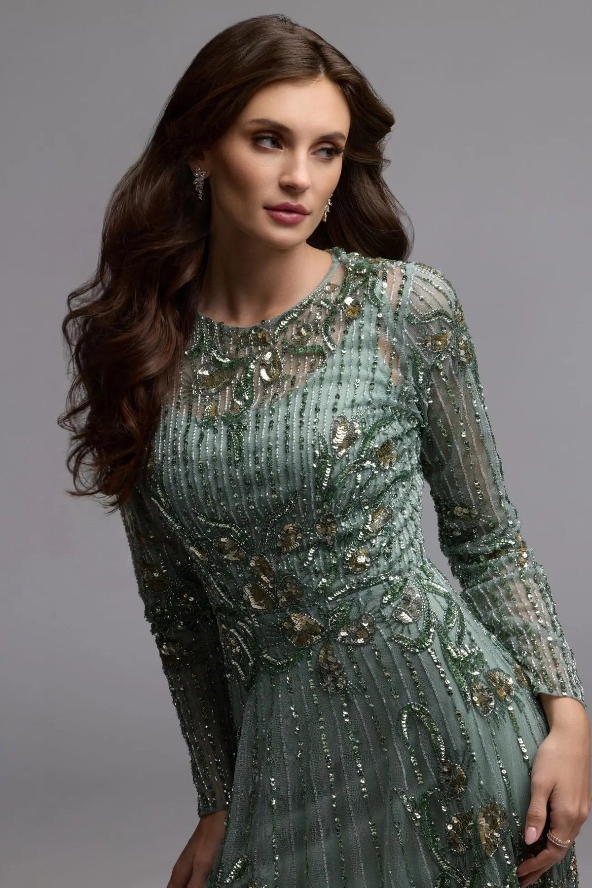 Sage Beaded Long Sleeve A Line Gown