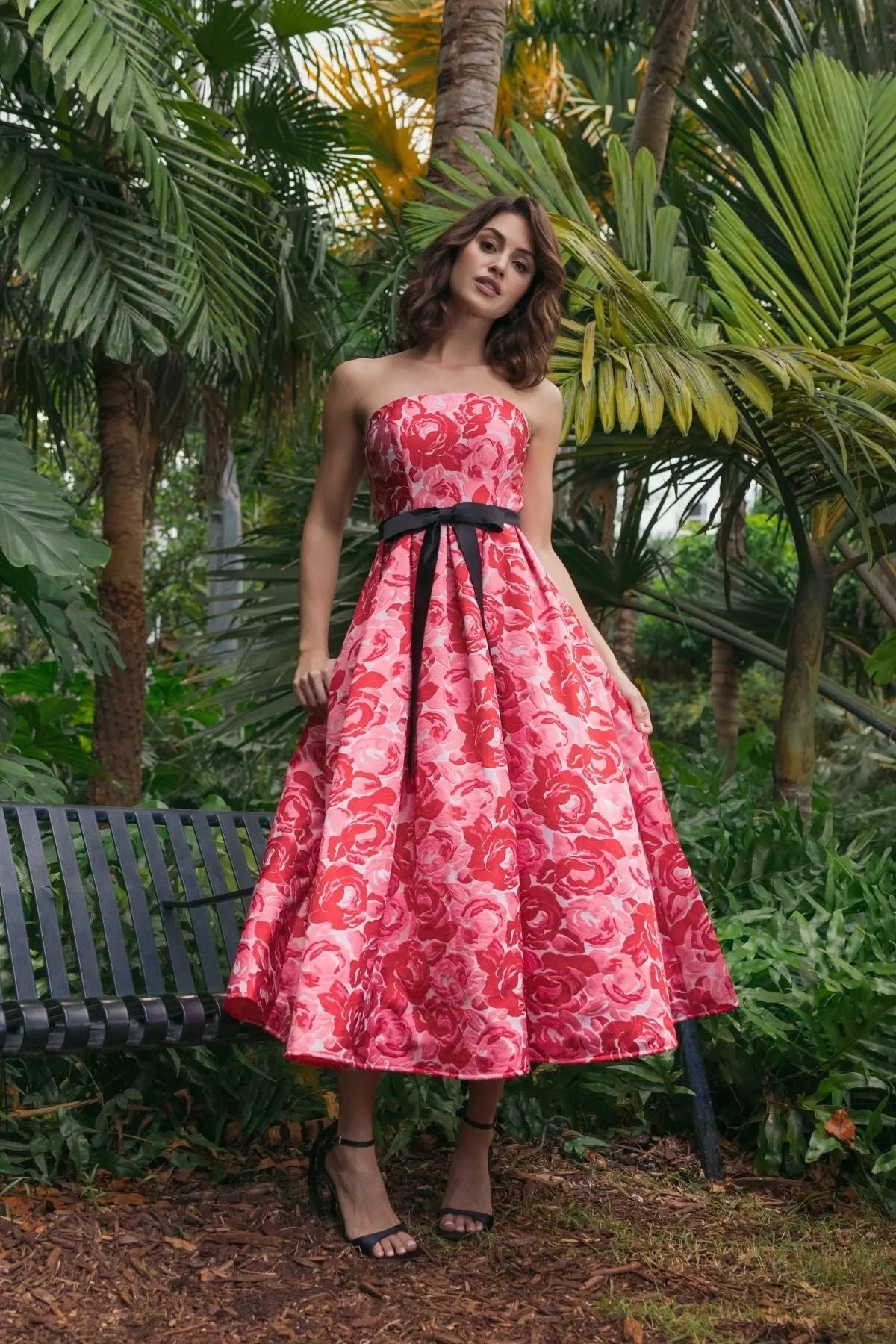 Red Floral Strapless Brocade Midi Dress With Bow