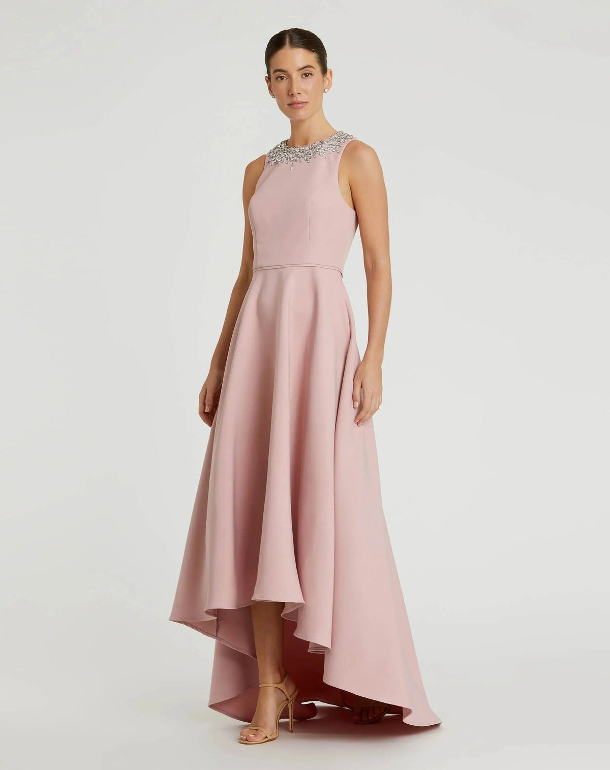 Blush Crepe Embellished Neck High Low Gown