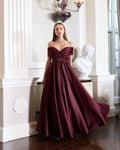 Wine Off The Shoulder Satin A-Line Gown