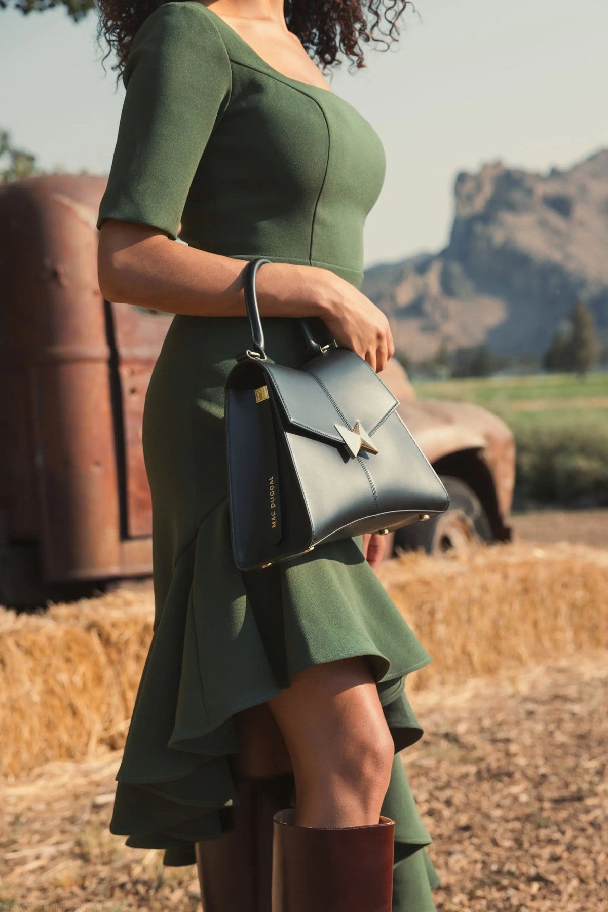 Dark Green Crepe 3/4 Sleeve Asymmetrical Hem Dress - FINAL SALE