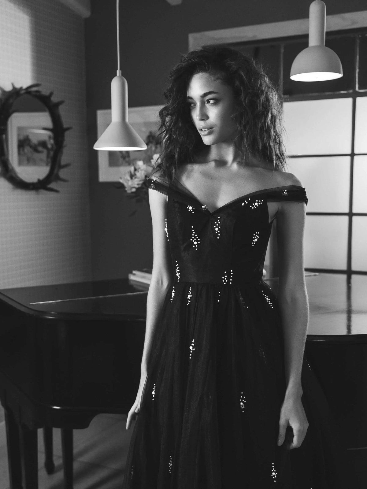 Black Tulle Off The Shoulder Pearl Embellished Cocktail Dress