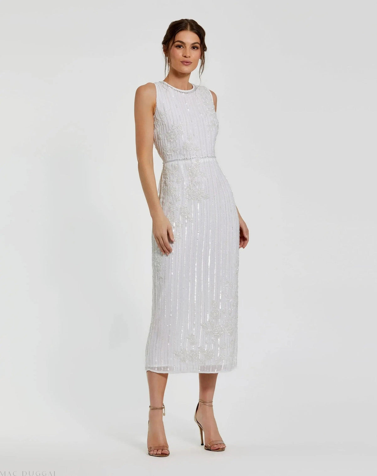Striped Floral Embellished Sleeveless Midi Dress