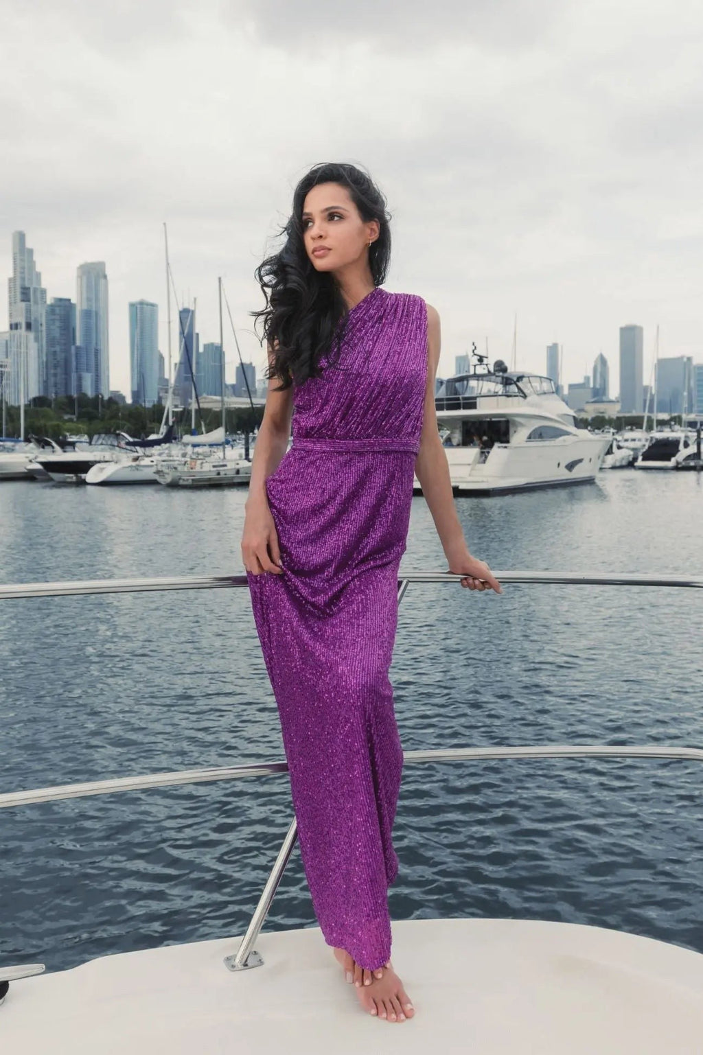 Dark Purple Sequined Ruched One Shoulder Gown