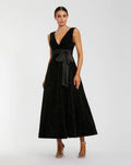 Black Embellished Velvet Midi Dress With Bow