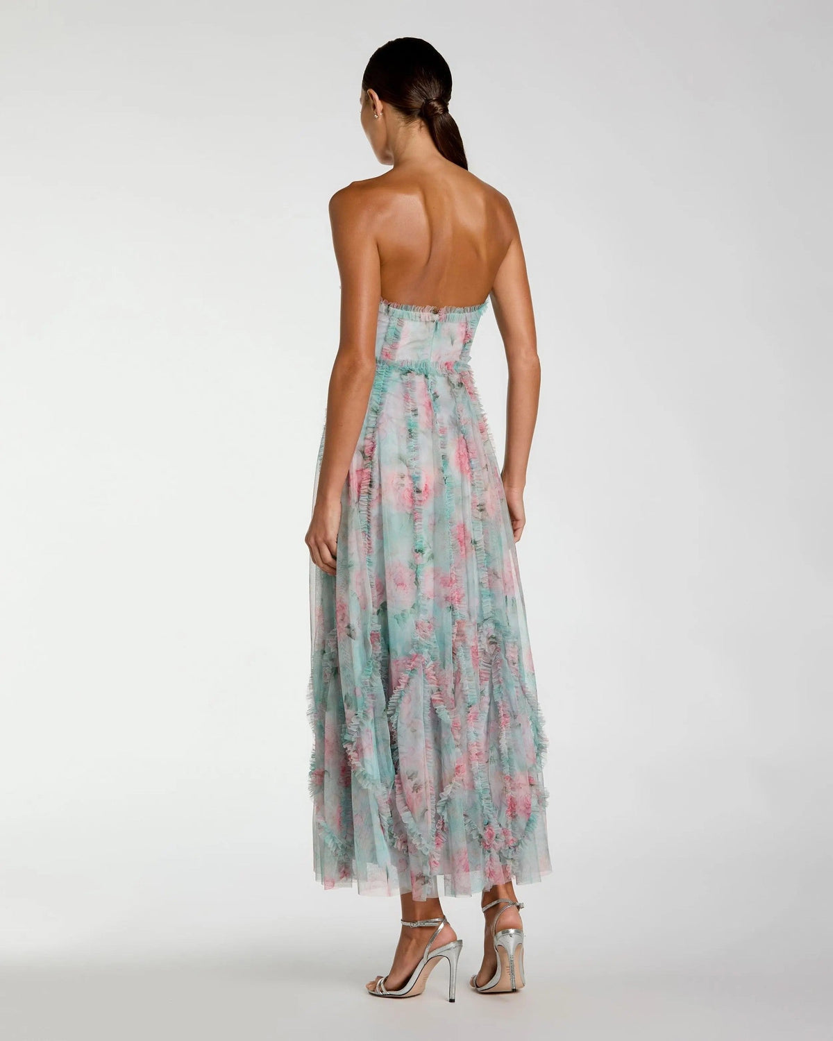 Aqua Multi Strapless Floral Print Ruffle Maxi Dress