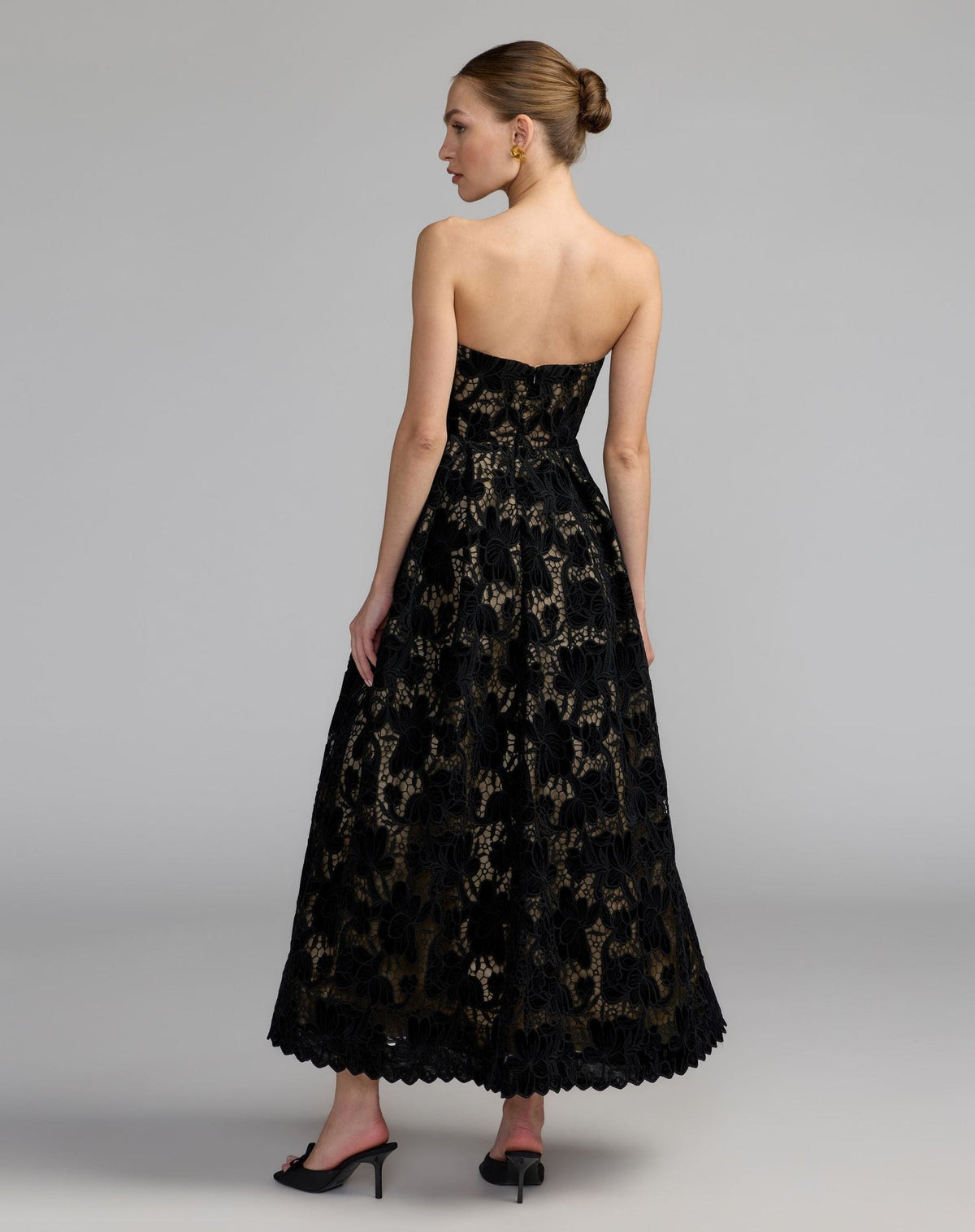 Black Nude Floral Lace Strapless A-Line Midi Dress