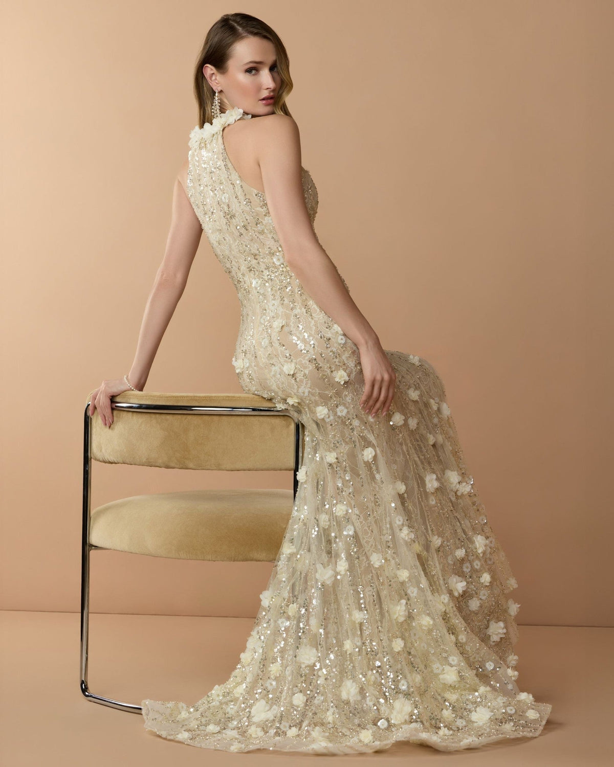 Butter Embellished Lace Halter Neck Mermaid Gown
