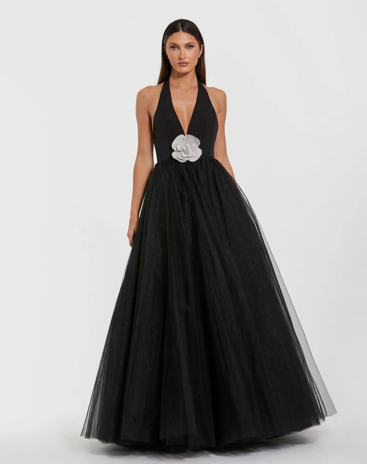 Black Halter Neck Ball Gown with Rhinestone Flower
