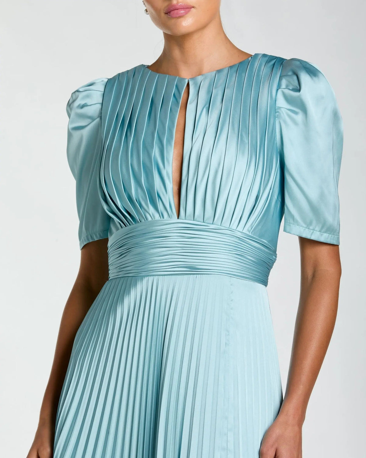 French Blue Pleated Charmeuse Puff Sleeve Gown With Slit