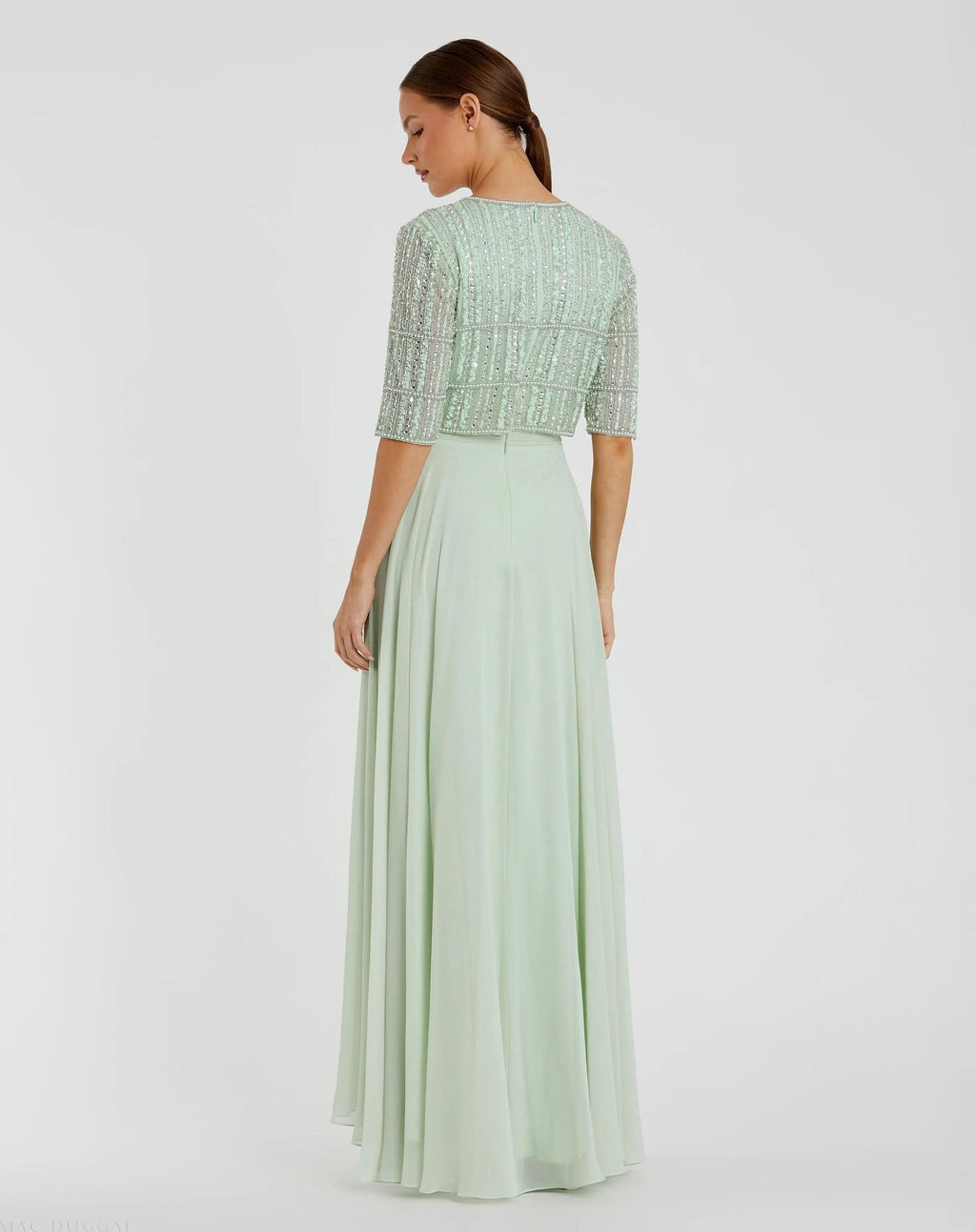 Green Chiffon Gown w/ Fully Beaded 3/4 Sleeve Top
