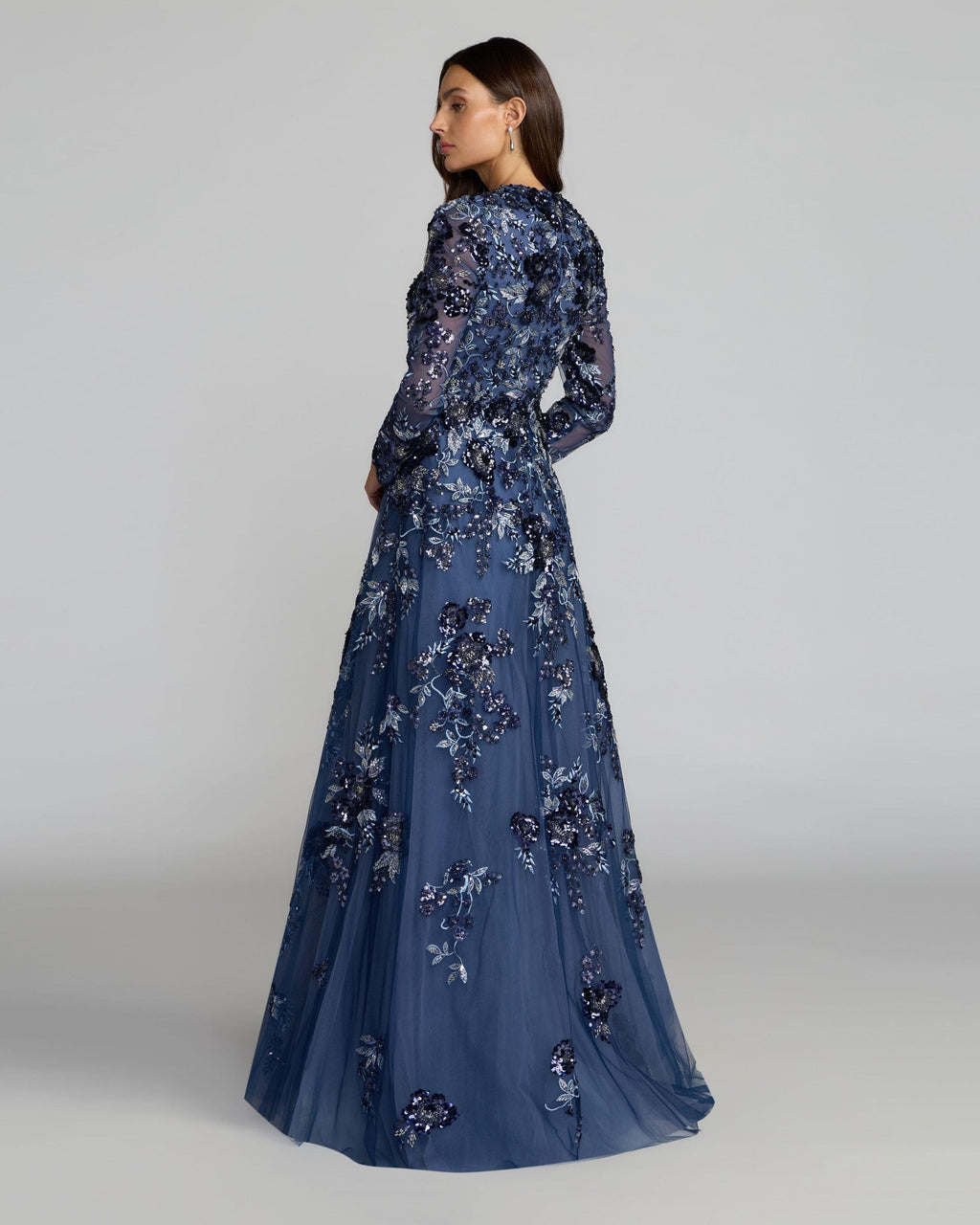 Moody Blue Embellished Floral A Line Gown