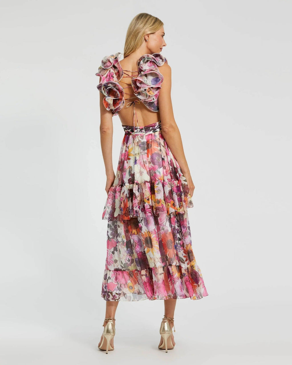 White Floral Chiffon Ruffle Tiered Cut-Out Midi Dress