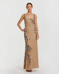 Beige Floral Beaded Scoop Neck Sleeveless Gown