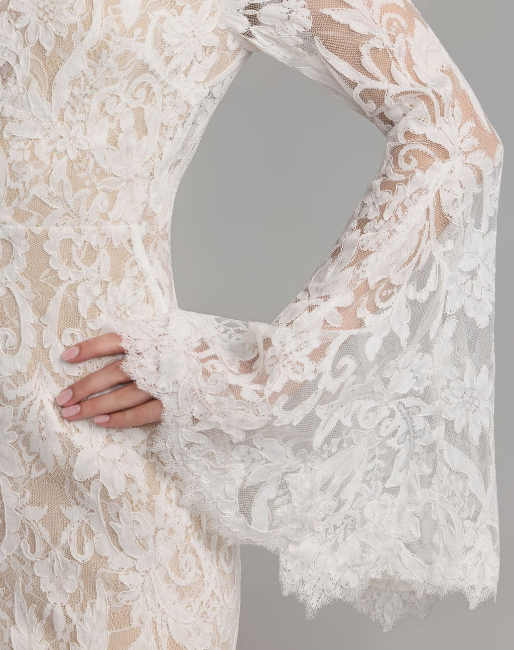 Petite Ivory Nude Mock Neck Long Sleeve Lace Gown