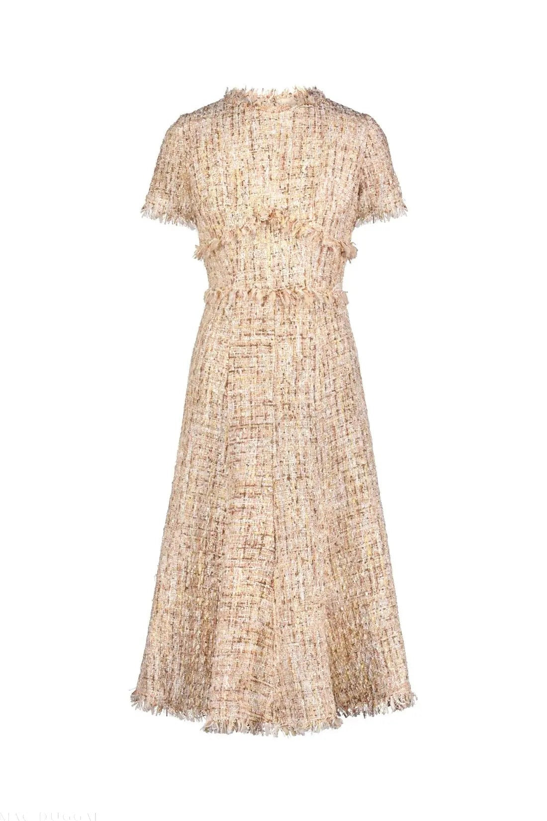 Beige Boucle Short Sleeve A Line Midi Dress