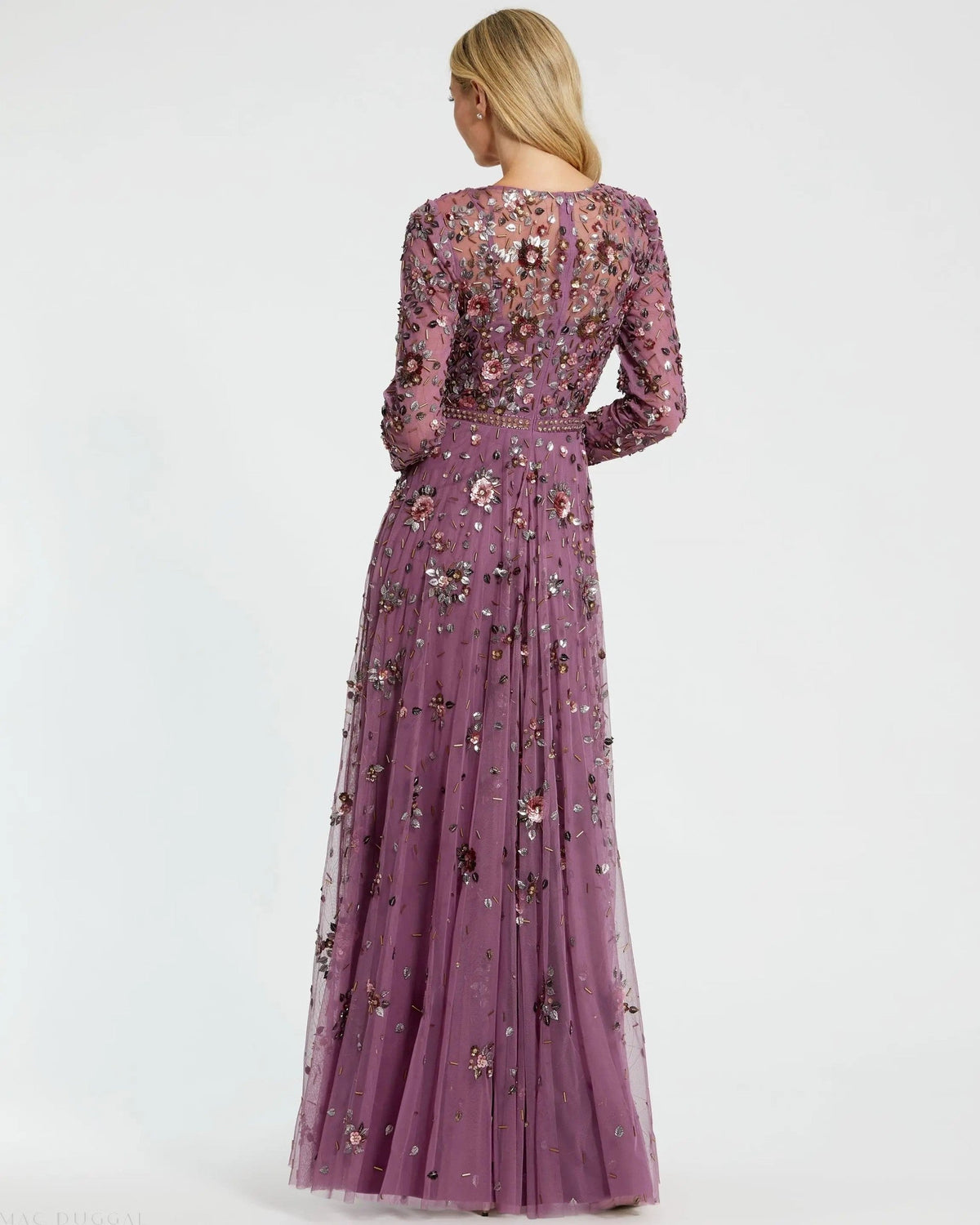 Purple Long Sleeve High Neck Beaded Gown
