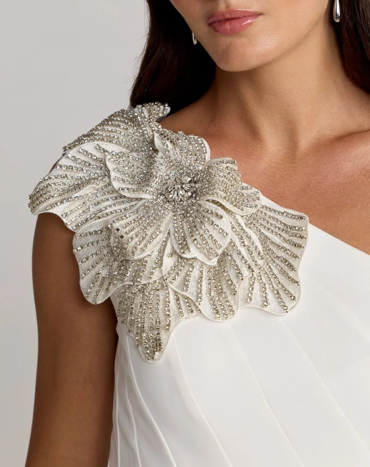 Ivory Crepe One Shoulder Midi Dress With 3D Flower