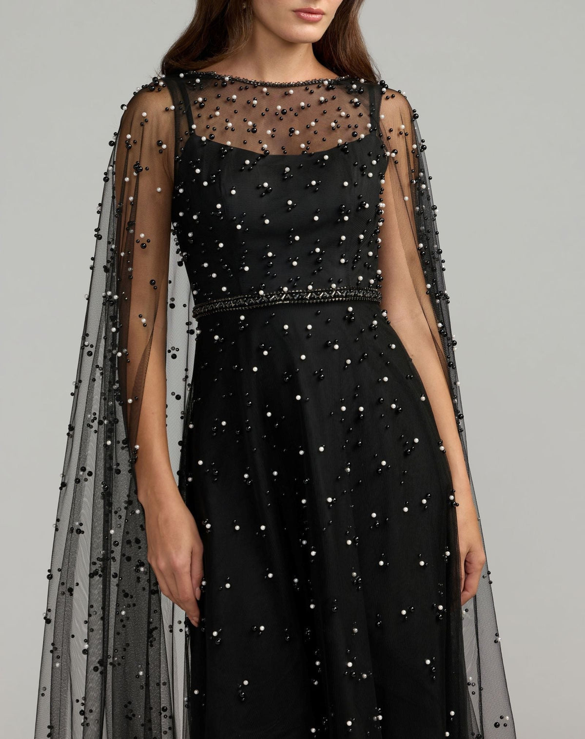 Pearl Embellished Cape Sleeve Gown