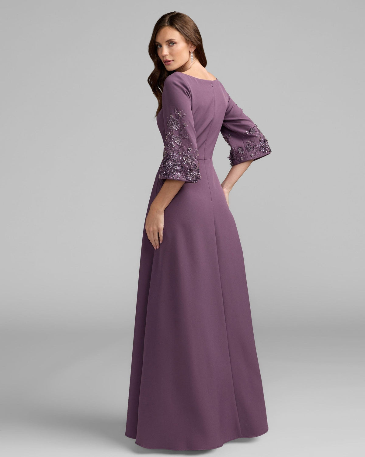 Eggplant Crepe Gown With Floral Embellished Sleeves
