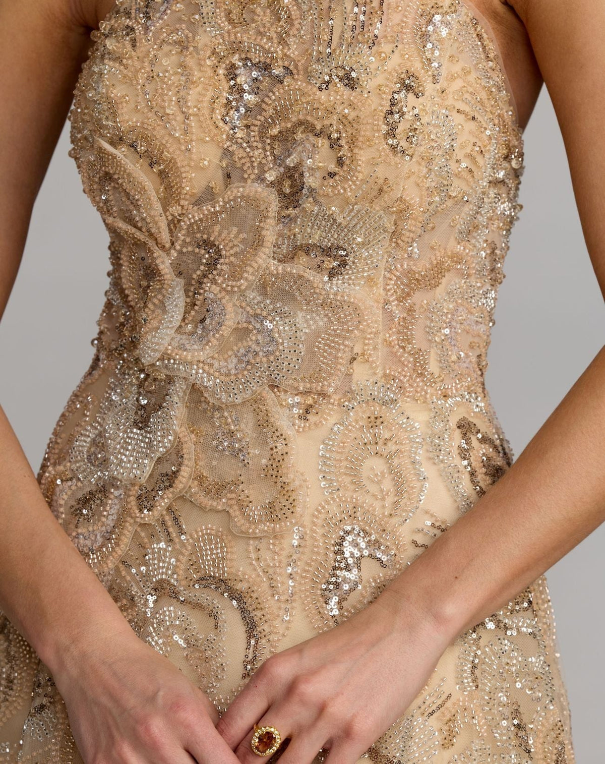 Champagne Strapless Embellished Brocade A-Line Gown