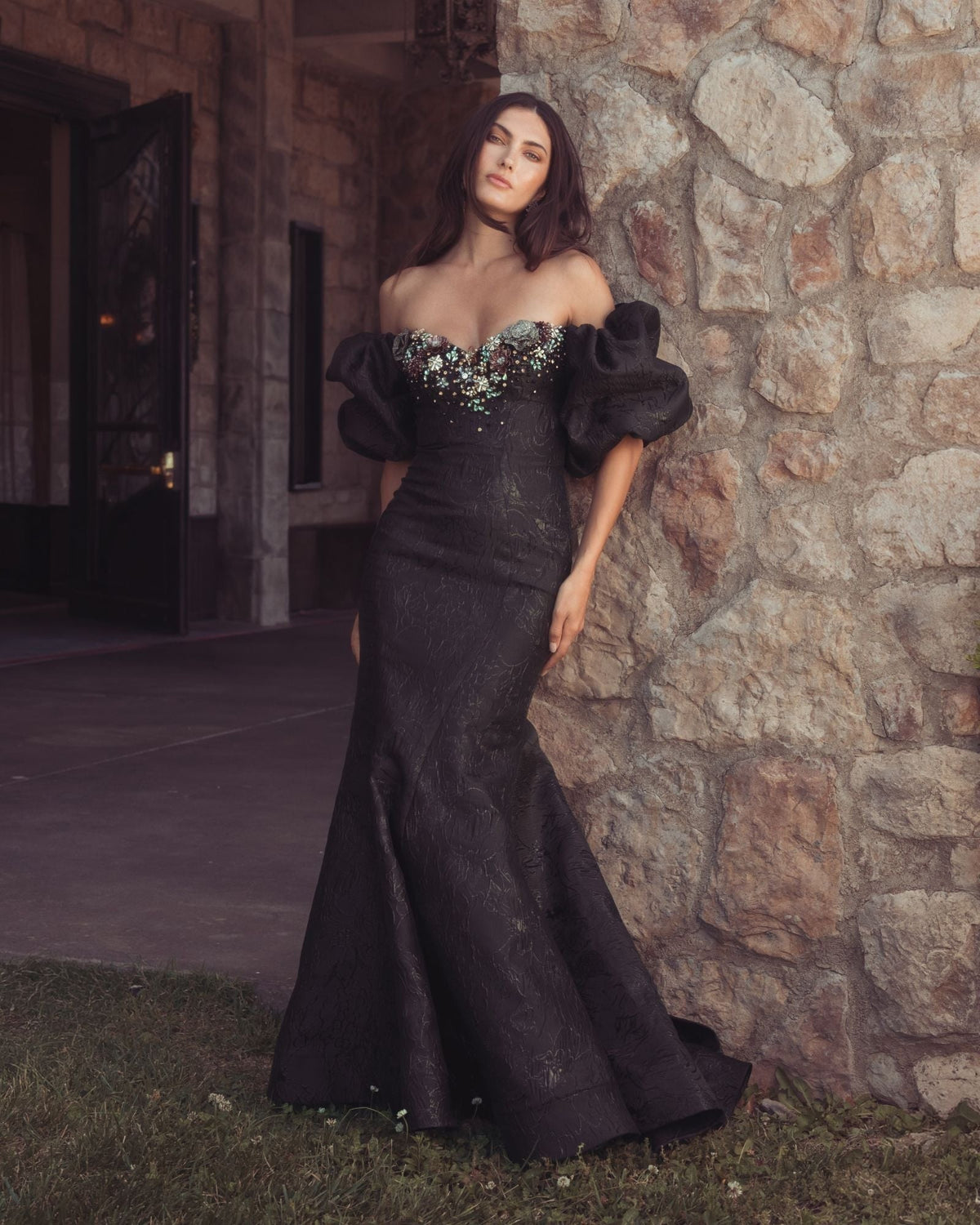 Black Multi Embellished Brocade Off The Shoulder Mermaid Gown