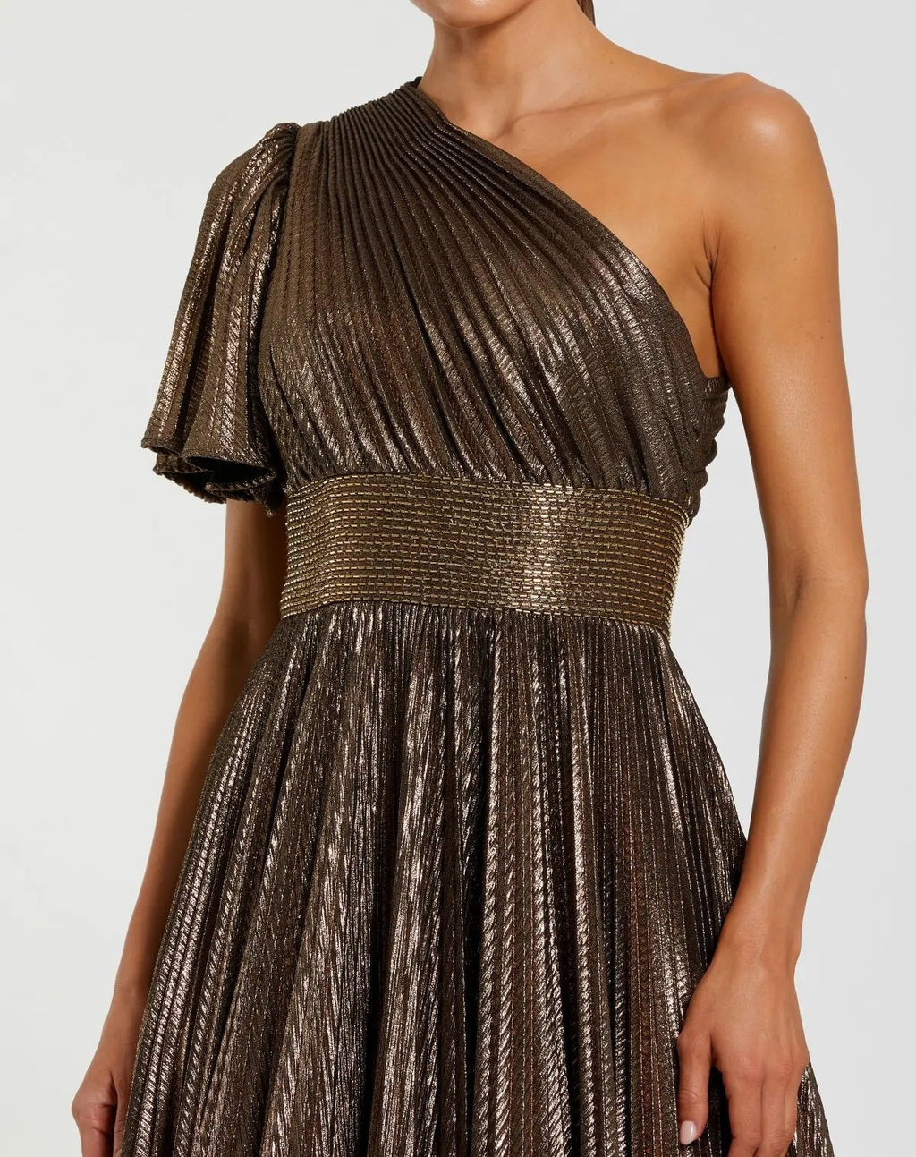 Bronze One Shoulder Pleated Metallic Ball Gown