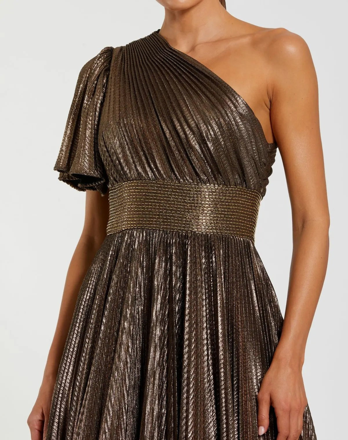 Bronze One Shoulder Pleated Metallic Ball Gown